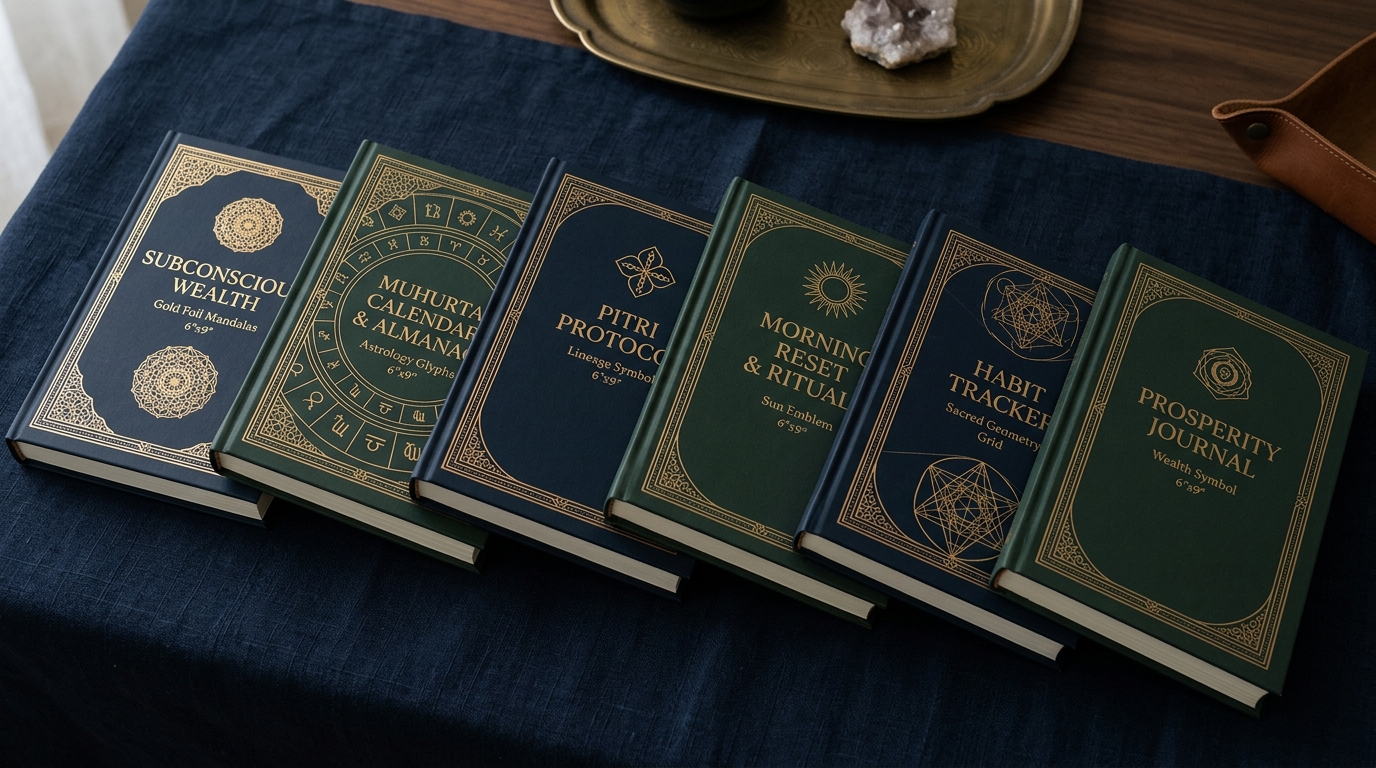 Six coordinated luxury Vedic Wealth Blueprint bonus guides with gold foil sacred geometry on dark linen