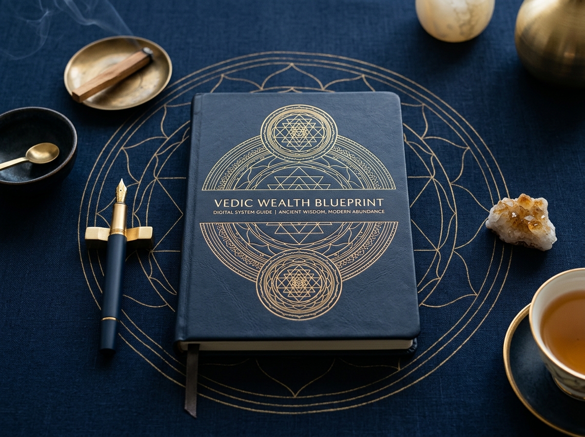 Vedic Wealth Blueprint Digital Edition bound journal on midnight navy linen with gold foil sacred geometry