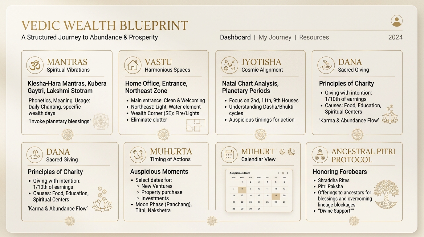 System architecture diagram of Vedic Wealth Blueprint showing category breakdown and structure
